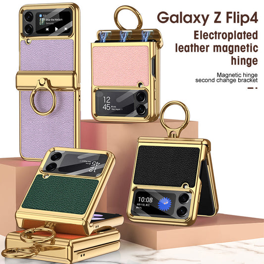 Funda de teléfono con bisagra magnética de piel electrochapada para Galaxy Z Flip4 Flip3 5G